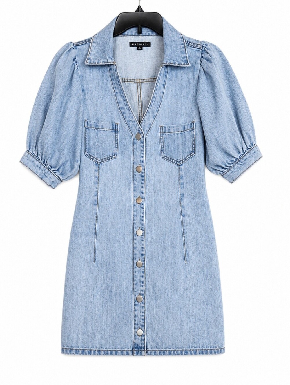 Blue Blush Light Wash Denim Puff Sleeve Button Front Mini Dress Small